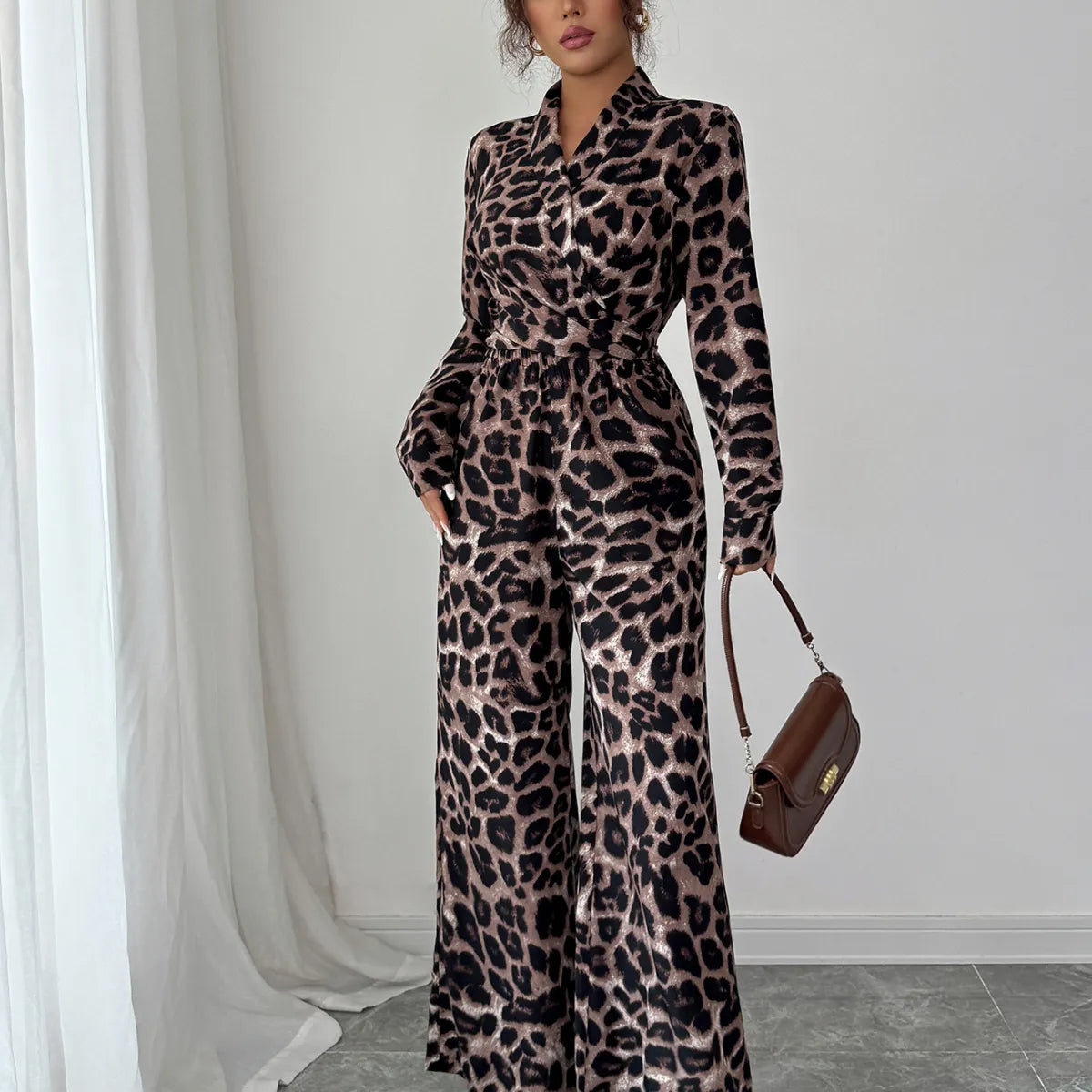 Elegant Leopard Print Wide-Leg Jumpsuit