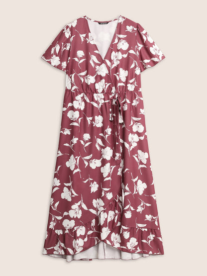 Floral Ruffle Knot Side Wrap Dress