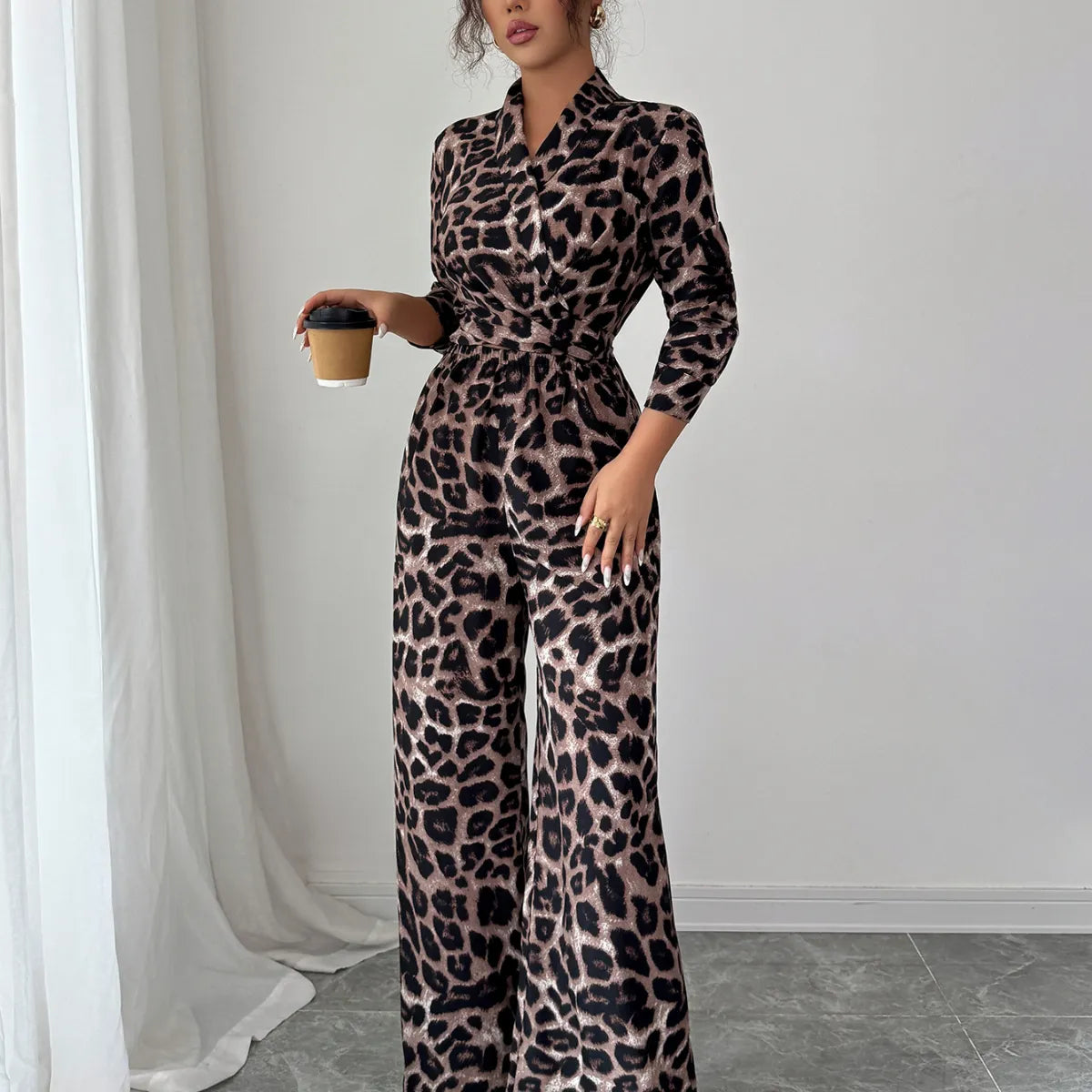 Elegant Leopard Print Wide-Leg Jumpsuit