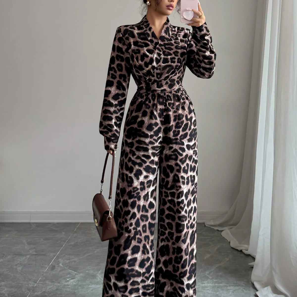 Elegant Leopard Print Wide-Leg Jumpsuit