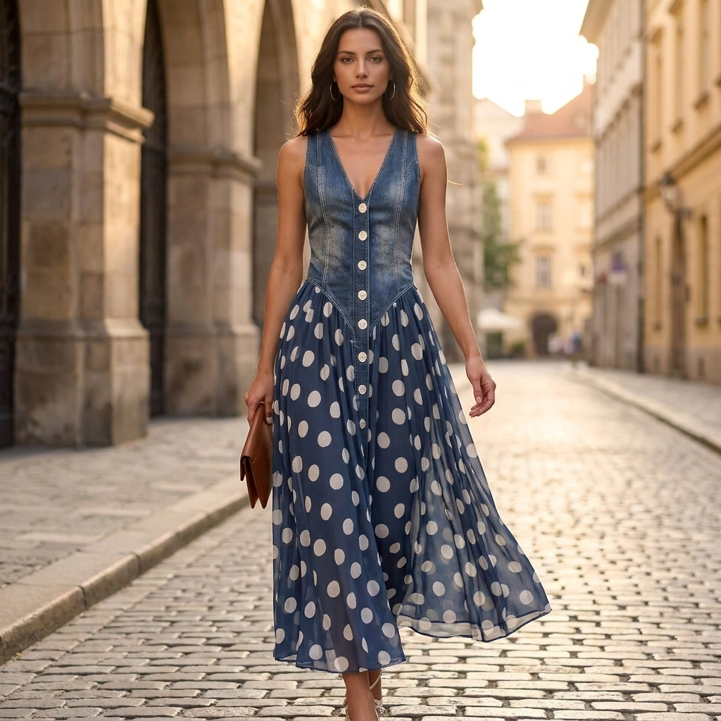 Positano - Denim Polka Maxi